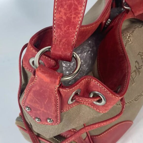 PRADA Bucket type Logo drawstring bag Shoulder Bag Leather/Canvas Beige/Red - Picture 12 of 16